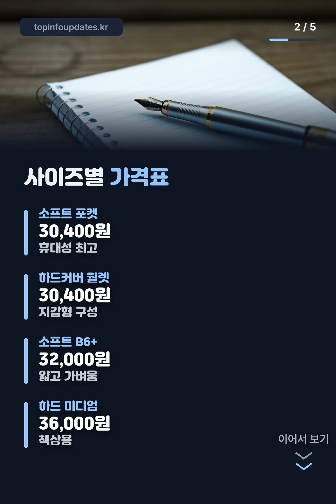 사이즈별 가격표